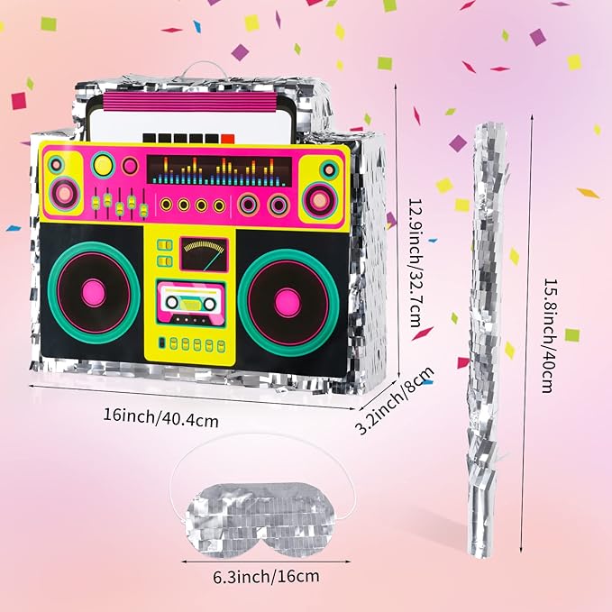 Boombox Pinata with Stick & Hanging Loop Retro 90s Theme Radio Music Mexican Pinata for Birthday Party Games Back to the 80s Party Supplies for Kids & Adults