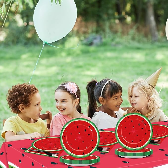 gisgfim 20 Guests Watermelon Party Supplies Watermelon Party Plates Tableware Set Children's Melon Decorations Favors Disposable 7-Inch Plates Napkin Tablecloths for Summer Melon Birthday Baby Shower