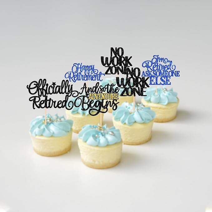 30 PCS Happy Retirement Cupcake Toppers Officially Retired Cupcake Picks No Work Zone Adventure Begins Cake Decorations for Retirement Theme Farewell Birthday Party Supplies Black Blue
