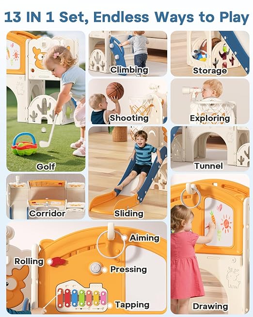 BIERUM Toddler Slide Set with Basketball Hoop, Golf Game & Drawing Board, 13-in-1 Indoor Outdoor Toddler Slides Playground for Kids Ages 1+, Kids Climber Playset for Backyard (Blue&Yellow)