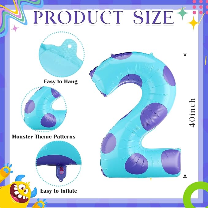 Monster Number 2 Balloons 40 Inch Monster Theme Birthday Party Decorations Large Foil Balloons for Girls Boys Birthday Baby Shower Party Backdrop Celebration Supplies