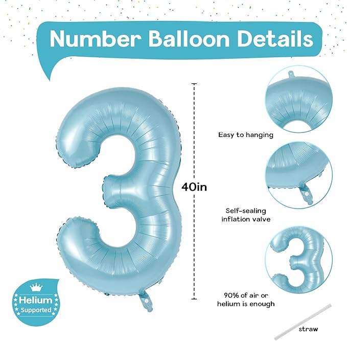 3rd Birthday Number Balloons for Kids, 40 Inch Foil Number 3 Balloons, Pastel Blue Large Self Inflating Number Balloons for Boys Men 30th Birthday Party Anniversary Party Decoration Supplies