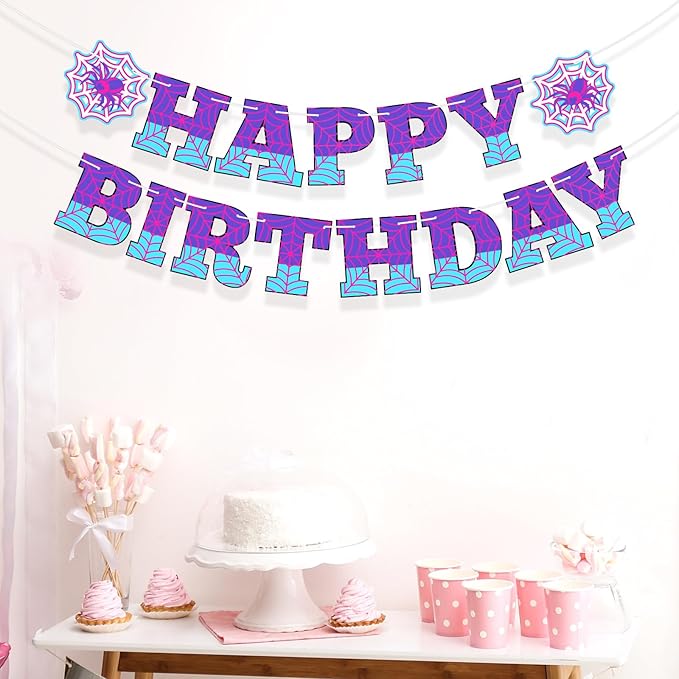 Oudain Spider Theme Birthday Banner Decorations Pre-strung Spider Web Happy Birthday Banner Flags Sign Cartoon Backdrop Party Supplies Favors(Purple Blue)