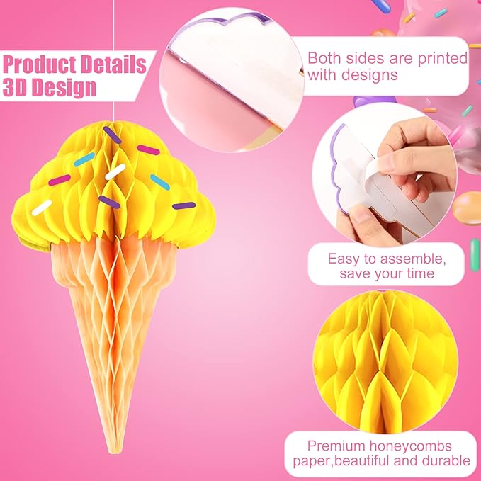 8PCS Ice Cream Honeycomb Balls Decorations Centerpieces for Tables Ice Cream Hanging Ceiling Sign Tissue Paper Ice Cream Party Supplies for Summer Theme Birthday Baby Shower Bridal Shower Party Favor