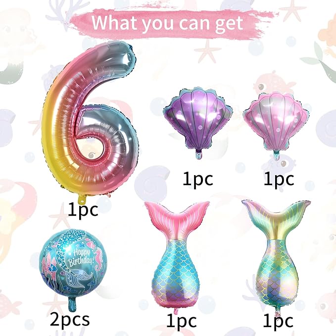 6th Mermaid Birthday Decorations,Pink Blue Balloons Kit Sea Balloon Tail Balloons for Girls Mermaid Party Baby Shower