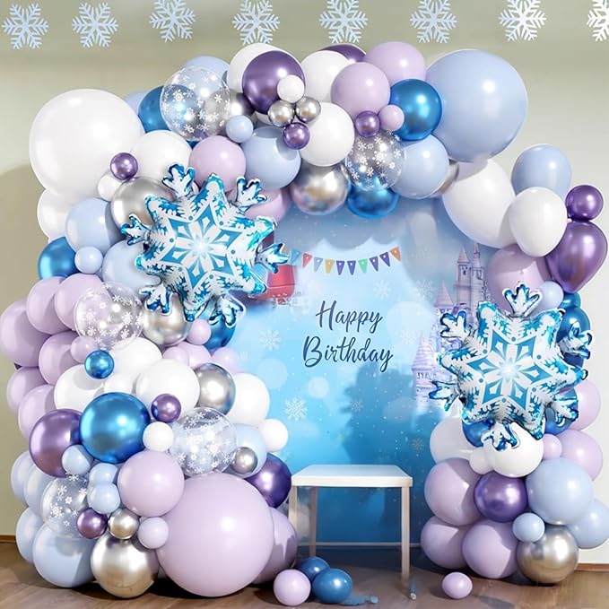 Frozen Birthday Balloon Arch Kit, Metallic Purple Blue Silver Snowflake Balloons for Girls Winter Theme Birthday Snow Theme Party Baby Shower Winter Party Decorations