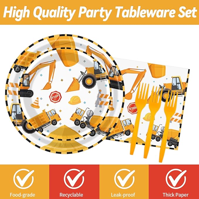 96 Pcs Construction Plates and Napkins Party Supplies, Construction Birthday Paper Plates Napkins and Forks Disposable Tableware Set for Kids Boys Birthday Party Decorations Serves 24