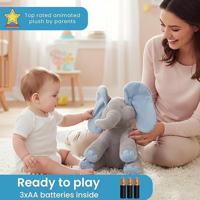 Dimple Kyle Elephant Stuffed Animal Toy - Animated Plush Blue Singing Elephant, Interactive Musical Peek-a-Boo for Babies, Kids, for Toddlers, Ages 0 and Up(Battery Included)