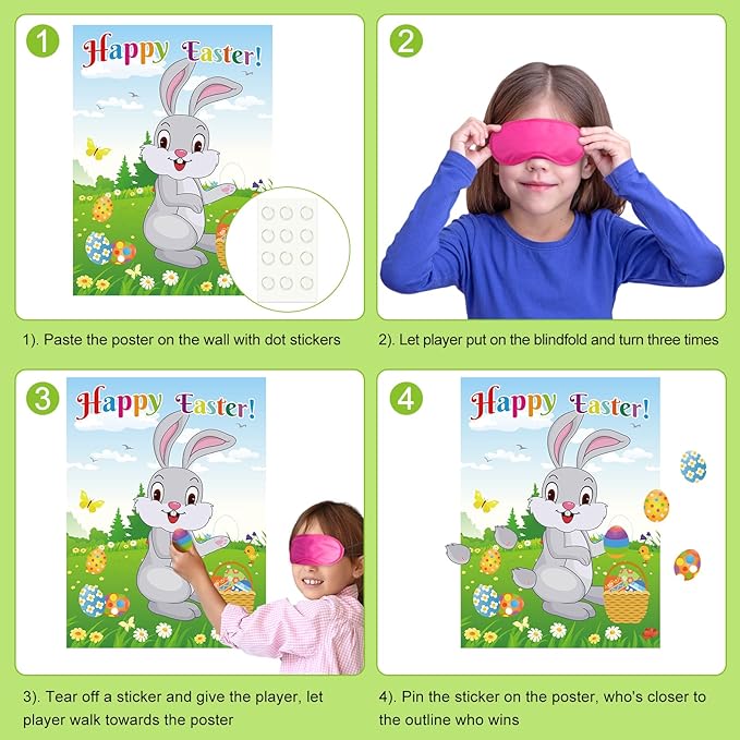 PLULON Easter Pin Game for Kids Pin The Tail on The Bunny Pin Easter Egg on Rabbit Stickers Large Poster Backdrop for Easter Decorations Family Classroom Activities Easter Egg Hunt Party Supplies