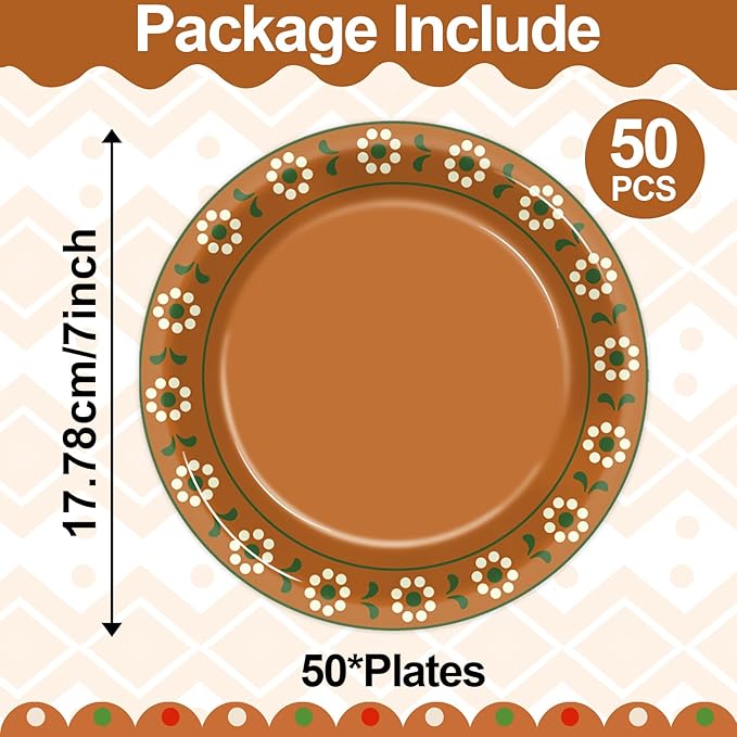 50 PCS Platos De Barro Mexicanos Paper Plates for Talavera Party Decor 7" Terracotta Flower Clay Pottery Paper Plates Mexican Dessert Plate for Christmas Birthday Wedding Baby Shower Party Supplies