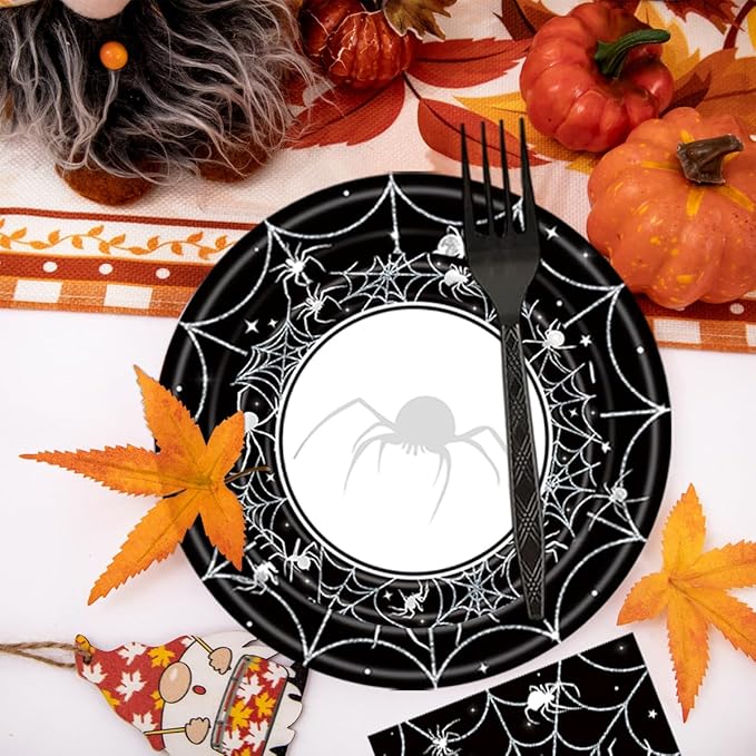 80 Pcs Halloween Spider Web Tableware Party Supplies - Disposable Dinnerware Set with Paper Plates, Napkins, and Forks for Spooky Halloween Party Supplies, Birthday Decorations Serves 20
