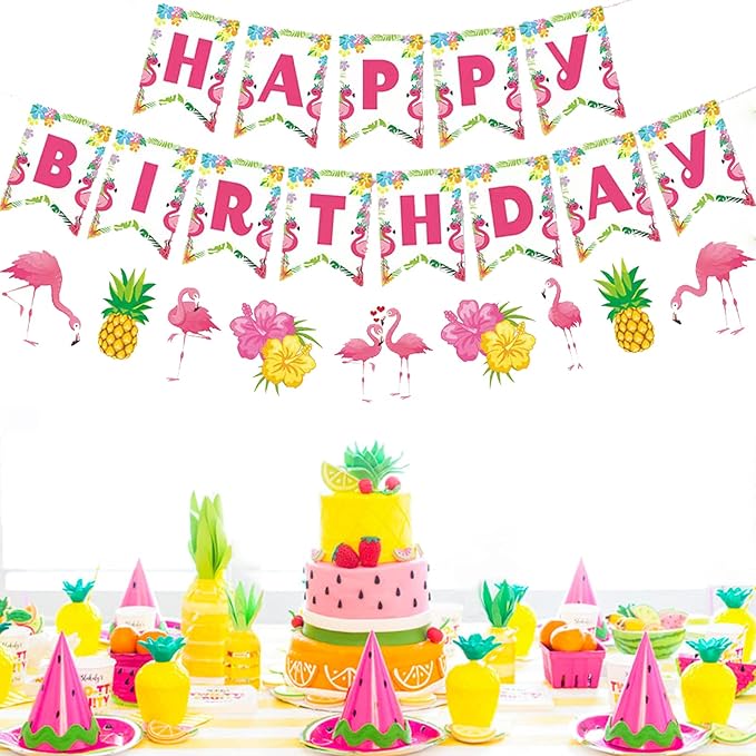 Zwiebeco Flamingo Happy Birthday Party Decoration Tropical Hawaiian Summer Supplies Pineapple Banner Bunting Garland for Kids Adults Aloha Luau Theme Accessories