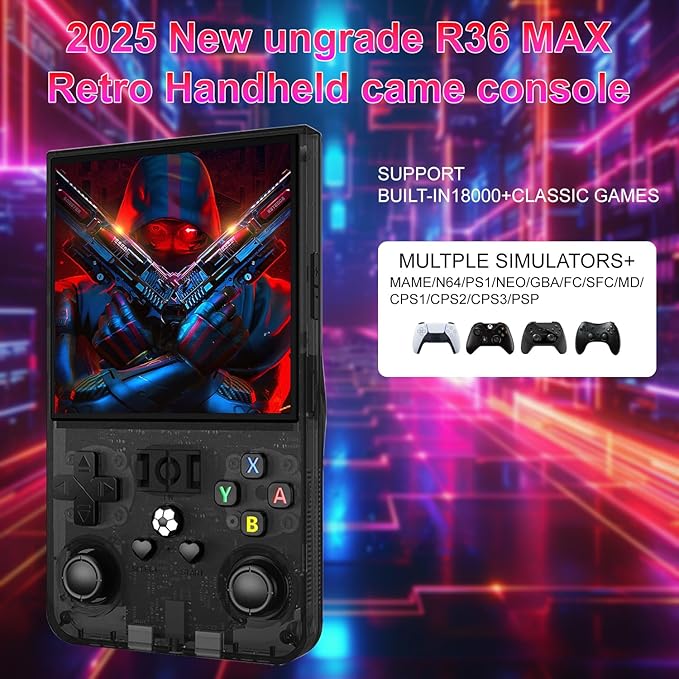 R36Max Retro Handheld Game Console,4-inch IPS OCA HD MIPI Screen, Open Source Linux System and 20000+ Games, Built-in 64GB TF Card Portable Video Gaming Console. (Black)