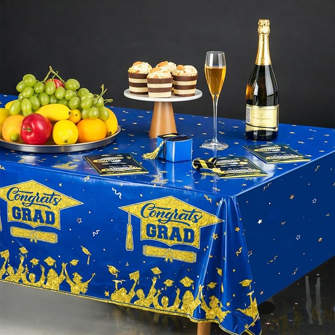 Graduation Decorations 2026-2 Pcs Blue and Gold Gongrats Grad Tablecover for Graduation Party Decorations, Class Blue Plastic Table Covers 54"x108"