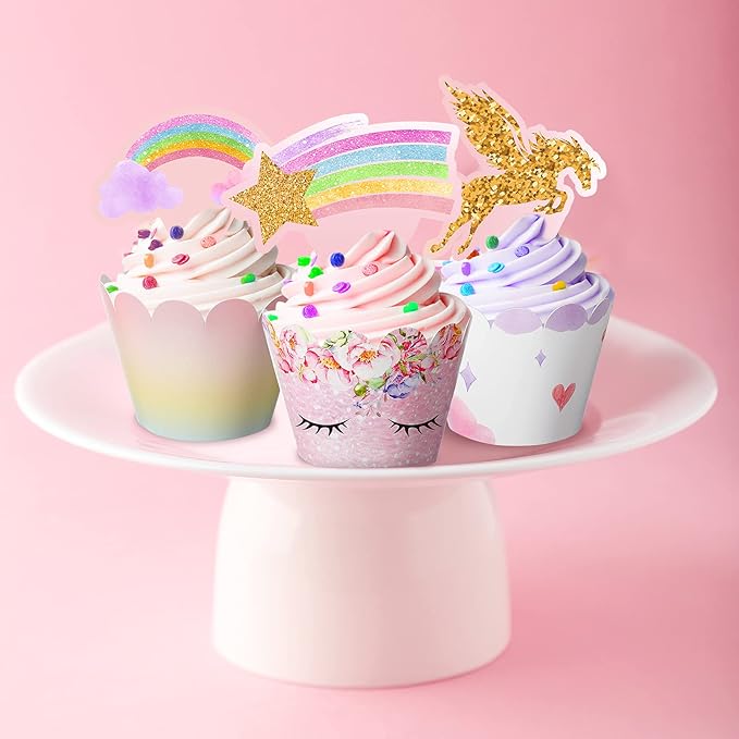 Censen 30 Pieces Unicorn Cupcake Toppers and Wrappers Decorations Unicorn Cup Cake Liners Rainbow Birthday Party Supplies Rainbow Topper Decorations for Girls Women Birthday Party