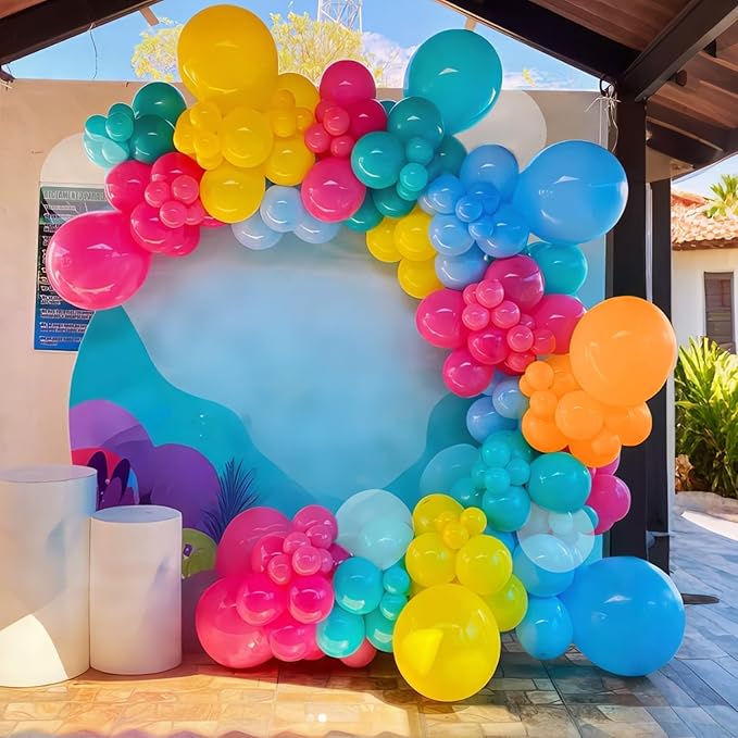 Pool Party Balloons, 60pcs 12 Inch Blue Green Orange Yellow Hot Pink Teal Clear Balloons for Sea Life Theme Birthday Pool Beach Theme Party Decorations
