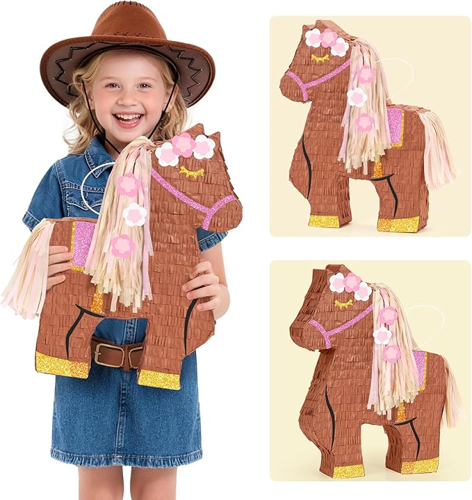 WERNNSAI Horse Piñata - Cowgirl Birthday Party Decorations Pink Brown Horse Piñata with Blindfold and Bat Western Cowgirl Party Favors for Kids Boys Classroom Activities Game