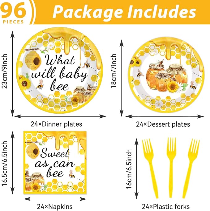 gisgfim 96Pcs Bee Party Supplies Bee Baby Shower Paper Plates and Napkins What Will Baby Bee Gender Reveal Party Dinnerware Set Honey Bumble Birthday Party Tableware Decorations Favors Serve 24