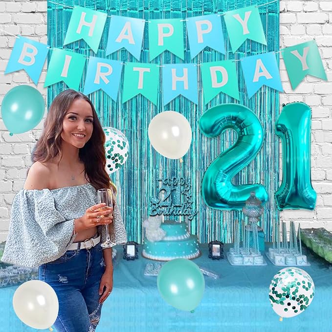 21st Birthday Decorations for Women - Teal Happy Birthday Banner, Cake Topper, Girl Sash, Number 21 Foil Balloon, Finally Legal Themed Twenty One Party Supplies