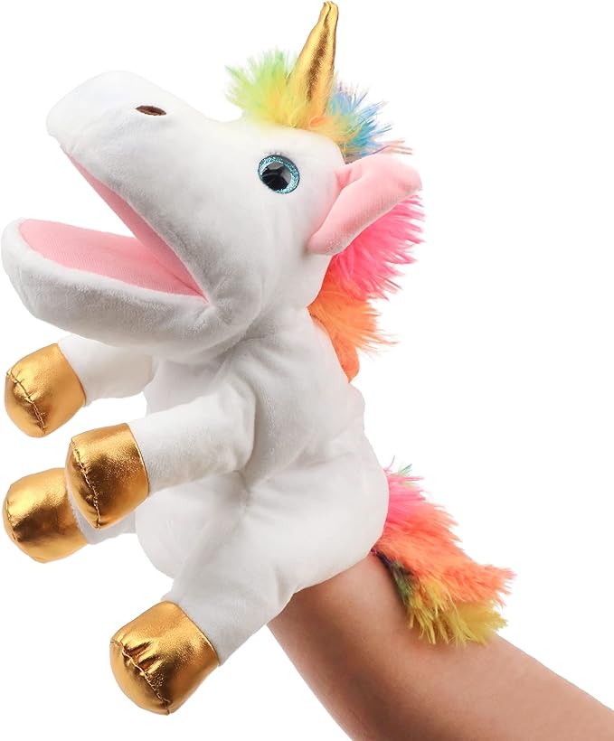 Hopearl Plush Unicorn Hand Puppet with Open Movable Mouth for Imaginative Play, Role Play, Interactive Toy for Storytelling Teaching Puppet Theater, Birthday Gifts for Kids Girls, White, 12''