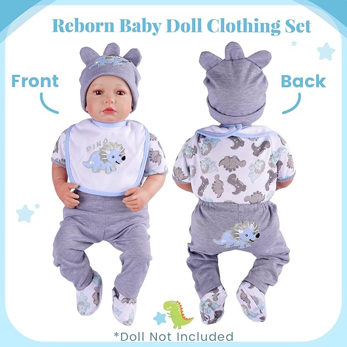 BABESIDE 18 Pcs Reborn Baby Doll Accessories for 17-22 Inch Dolls – Dinosaur Baby Doll Clothes Set with Diaper, Backpack, Feeding Set,Toy, Bottle, and Toys, for Boys & Girls