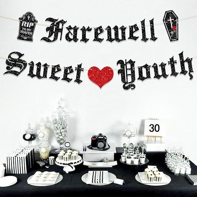 Pre-Strung Gothic Birthday Decorations, NO DIY Glitter Farewell Sweet Youth Banner, Old English Goth Funeral Themed Party Supplies