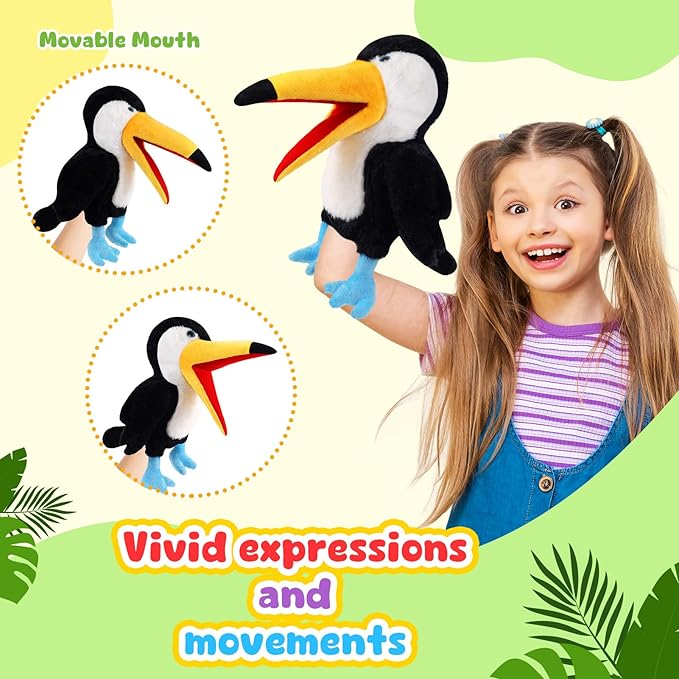 Animal Hand Puppets 11 Inch Bird Plush Toucan Owl Eagle Parrot Flamingo Peacock Puppet Toys Role-Play Puppets for Kids Storytelling Imaginative Pretend Play Teaching Preschool(Toucan)