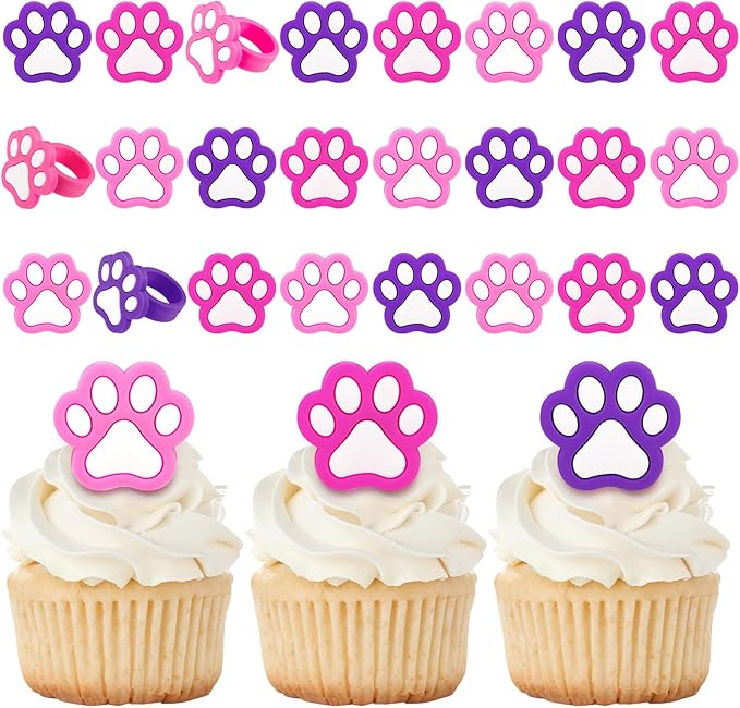 48 Pcs Paw Dog Cupcake Rings Toppers Decorations Orange Blue Red Yellow Paw Dog Theme Birthday Cupcake Rings Decorations for Puppy Baby Shower Party Supplies(Pink, Purple)