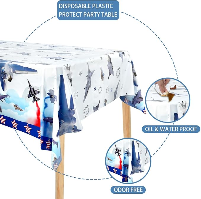4 Pcs Fighter Jet Pilot Party Tablecloth Decorations, Waterproof Rectangular Table Cover, for Pilot Aviation Party Supplies 52 x 108 Inch