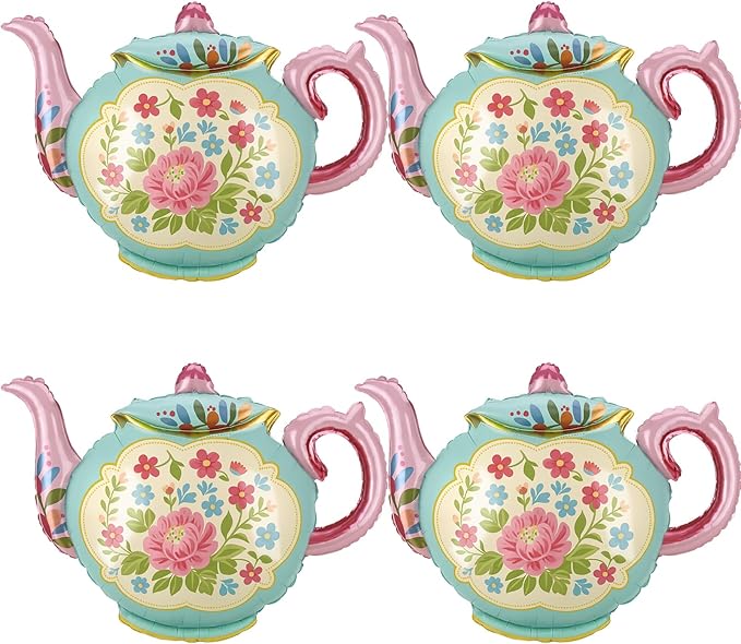 4 Pcs Tea Party Balloons, 35" Huge Teapot Aluminum Foil Balloons for Birthday, Baby Shower, Wedding, Bridal, Engagement, Bachelorette, Princess, Let's Par Tea Garden Party Decorations Supplies