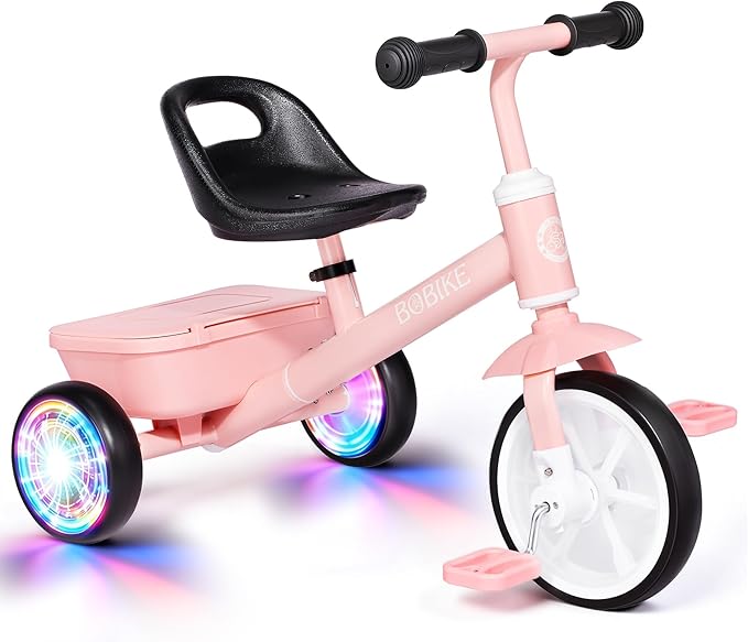 Bobike Toddler Tricycle for Ages 2-5 Years, Tricycle with 2 LED Light Wheels, Toddler Bike with 3-Position Seat and Rear Basket, Kids Bike Gift for Boys & Girl (Pink)