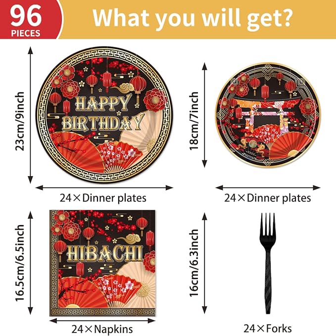 96PCS Hibachi Plates and Napkins Party Supplies Hibachi Japanese Birthday Party Decorations Asian Japanese Style Themed Disposable Paper Tableware Set Serves 24 Guests
