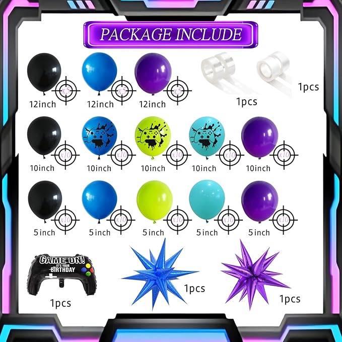 120 Pcs Video Game Balloon Garland Arch Kit, Black Blue Purple Light Green Balloons For Cartoon Gaming Night Themed Birthday Decorations Boys Kids Gatherings Party Supplies