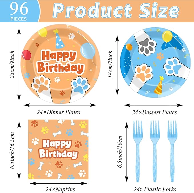 96Pcs Blue Dog Happy Birthday Party Supplies Cartoon Puppy Paper Plates and Napkins Disposable Paw Tableware Dinnerware Set for Kids Dogs Parties Decorations Favors Baby Shower Serve 24