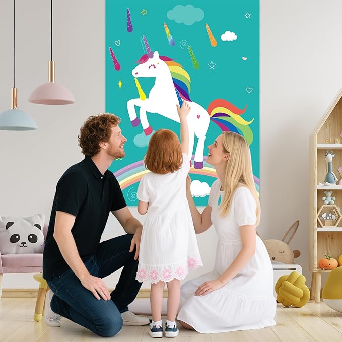 PLULON Pin The Horn On The Unicorn for Kids Birthday Party Game, Unicorn Party Supplies Favors Girls Birthday Decorations Poster Home Family Wall Decorations for Girl Boy Classroom Activities