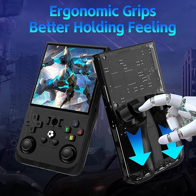 R36MAX Handheld Game Console, Retro Gaming Console with 4000mAh Battery 4.0”IPS Screen, Open Source Linux System, with 64GB TF Card Portable Video Gaming Console, Transparent Black