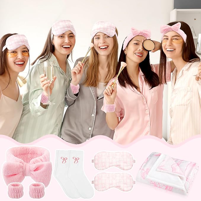 Honeydak 36 Pcs/ 6 Sets Sleepover Party Supplies Throw Blankets Fuzzy Socks Bow Eye Masks Headbands Wristbands with Bags for Slumber Spa Party Favors Girls Women Coquette Gifts