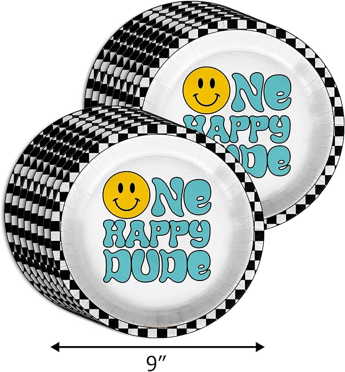 One Happy Dude Smiley Face 1st Birthday Party Supplies - 64 Piece Boys First Birthday Tableware Set Includes Large 9" Dinner Plates and 8" Dessert Paper Plates Napkins Cups - Kit for 16
