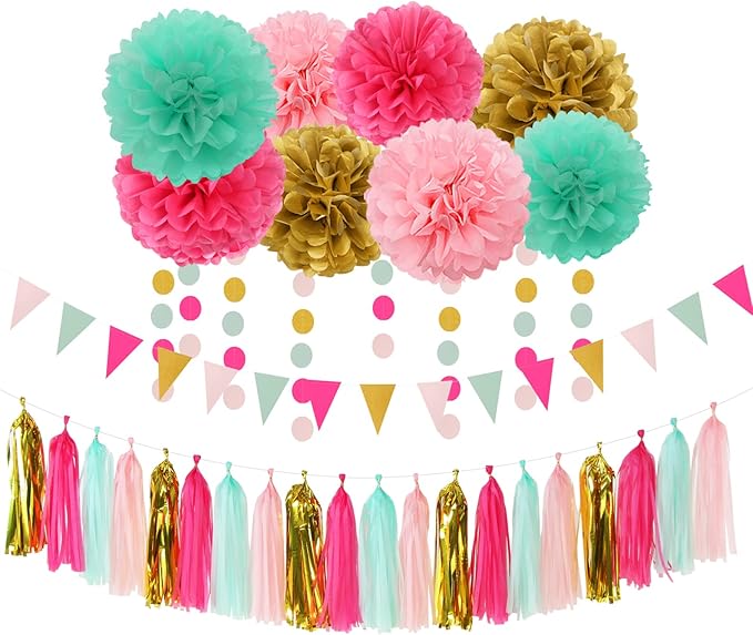 Mint Blush Hot-Pink Gold Party-Decorations - 30pcs Tissue Pom Poms Streamers, Girls Birthday Tassel Garland Banner,Wedding Engagement Baby Bridal Shower Bachelorette Brunch Decor Ouruola