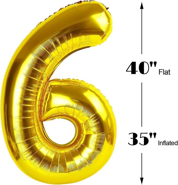 40 Inch Gold Mylar Foil Number 6 Birthday Balloon, Digital Balloons for 6 16 Boy Girl Party Decorations Supplies, Big Helium Balloon Numbers for 26 36 46 60 66 Men Women Anniversary