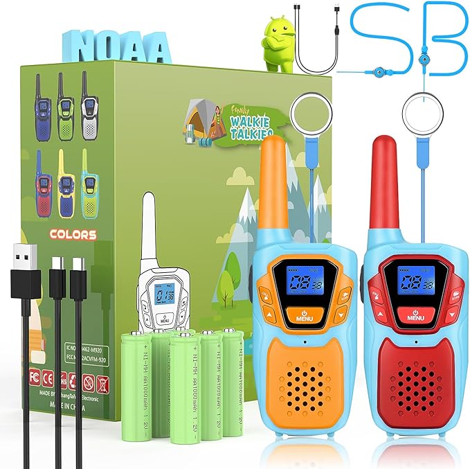 Walkie Talkies for Kids Long Range Walkie-Talkie for Adults Rechargeable 2 Way Radios 2 Pack with Lanyard NOAA USB VOX, Family Toys for 3-12 Year Old Boys Girls Toddlers Camping Hiking