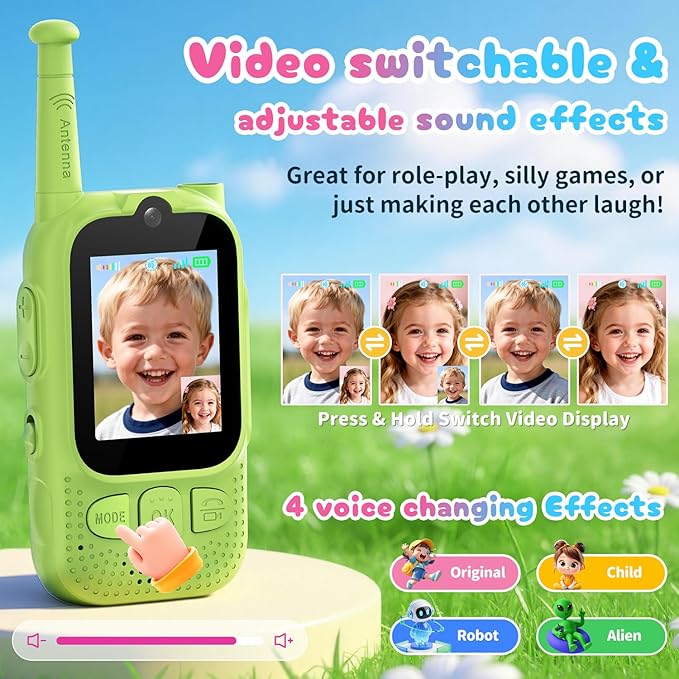 Kids Audio/Video Walkie Talkies, 2 Pack Rechargeable Walkie Talkies for Kids with 2’’ Screen & Camera & Voice Changer, Long Range Boys Girls Toys for Indoor Outdoor Camping Hiking Games (Green/Green)
