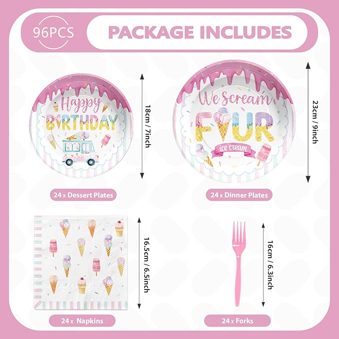 Grencian 96 Pcs Ice Cream Birthday Party Decorations 4th Birthday Plates for Girls Ice Cream 4th Party Supplies Disposable Pink We Scream Four Paper Plate for Four Year Old Sweet Four Kids Girls