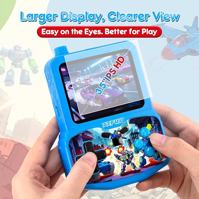 Handheld Game Console for Kids, Preloaded 220 Retro Games, 3.5'' HD IPS Screen Brightness Adjustable, Rechargeable, One-Touch Mute, Best Birthday Gift Toys for Boys Girls 4 5 6 7 8-Blue-Robot-Themed