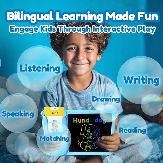 Drawing Tablet with Bilingual Flashcards for Kids - German English Talking Flash Cards, LCD Writing Pad Board, Pocket Speech for Toddlers, Learning Toy Gift for Boys Girls (German, Blue)