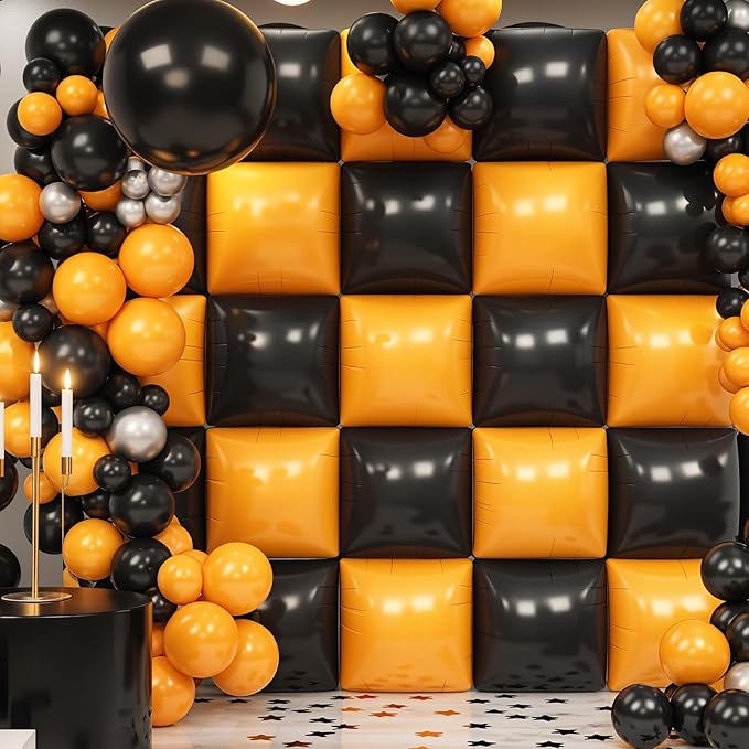 Black Orange Square Foil Balloon Wall,25Pcs Double Sided Foil Balloons Backdrop Helium Polyester Tunnel Arch Garland Kit for Birthday Graduations Anniversary Baby Shower Party Decorations