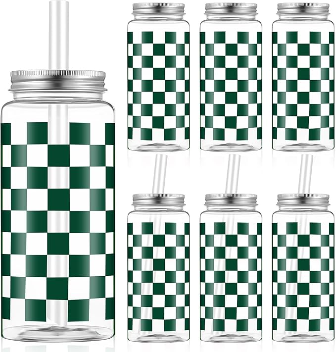 Patelai 24 Pack Dark Green Gingham Cups 13.5 oz Clear Green Checkered Plastic Cups with Lid and Straw Reusable Plastic Plaid Tumbler for Baby Shower Wedding Birthday Bachelor Party Supplies