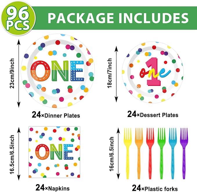 CHUNNIN 96pcs Rainbow 1st Birthday Plates and Napkins Confetti Happy Birthday Party Decorations with Polka Dot Confetti Dessert Plates Colorful 1st Tableware for 24 Guests 1 Year Old Party Supplies