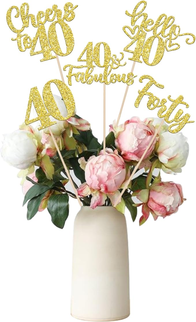 15PCS Happy 40th Birthday Centerpiece Sticks Hello 40 Fabulous Table Flower Centerpieces Sticks Forty Cheers to 40 Years Floral Decoration for Happy 40th Birthday Party Centerpieces Sticks Gold