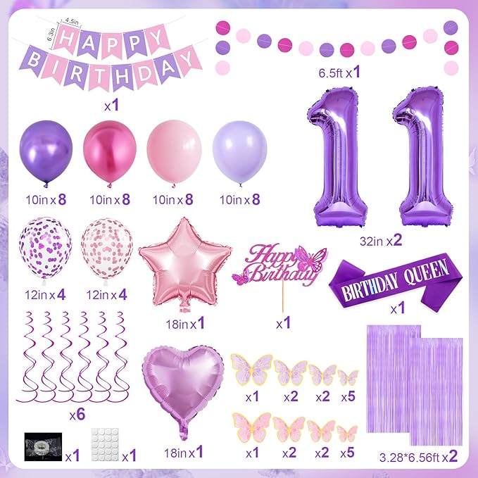 11th Purple Birthday Decorations for Girls, Pink and Purple Happy 11 Birthday Party Decorations with Happy Birthday Banner, Number Foil Balloons, Butterfly Cake Topper for 11th Party Supplies